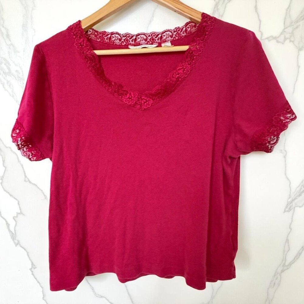 Derek Heart Plus Womens Dark Pink T-Shirt Size 2X Lace Trim Top